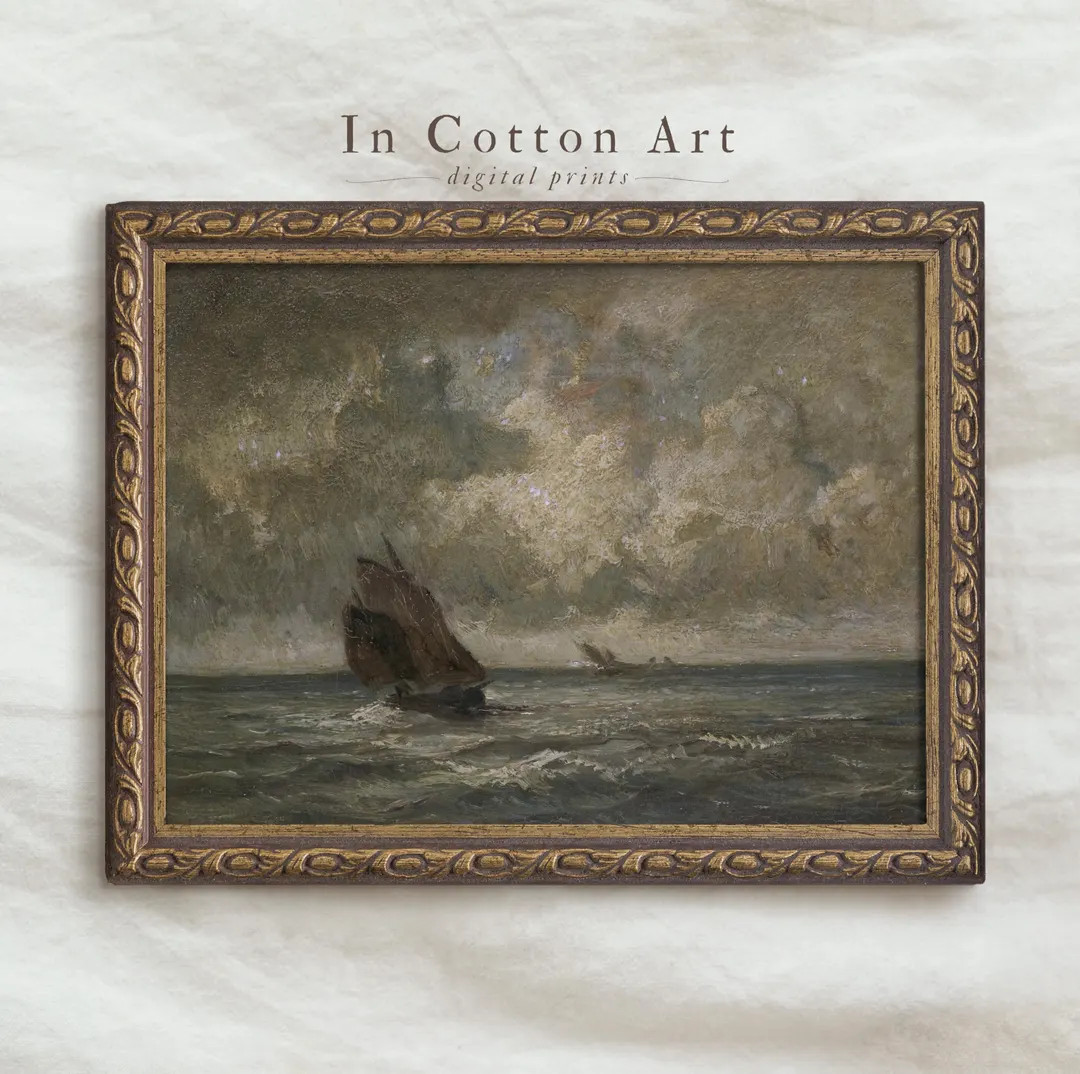 Vintage Moody Seascape Oil Painting PRINTABLE / Dark Antique Boat Art Print DIGITAL Download / Oc... | Etsy (US)