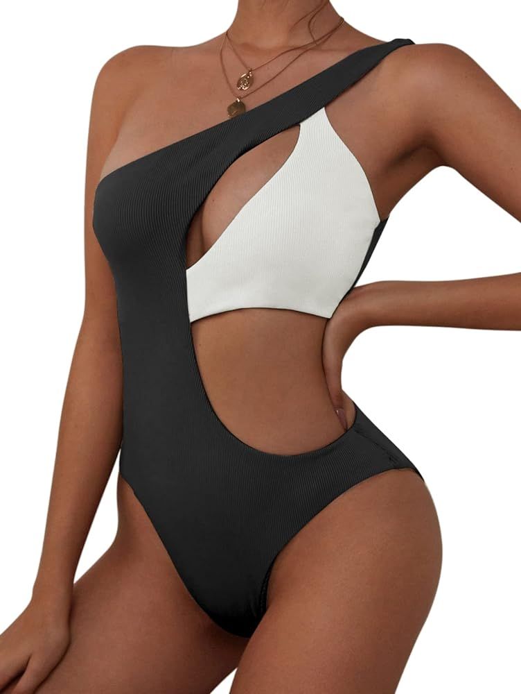 ZAFUL Women's One Shoulder Ribbed Bikini Colorblock Cutout One-Piece Swimsuit Swimwear | Amazon (US)