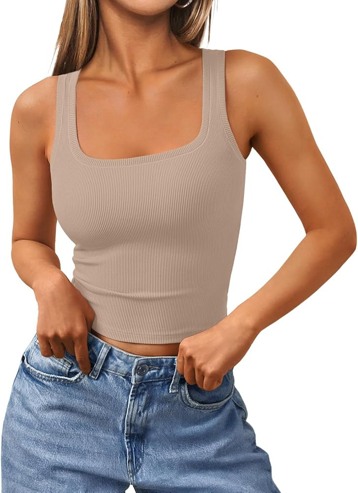 Trendy Queen Women's Summer Square Neck Tank Tops Workout Cropped Ribbed Summer Camisole Sleevele... | Amazon (US)