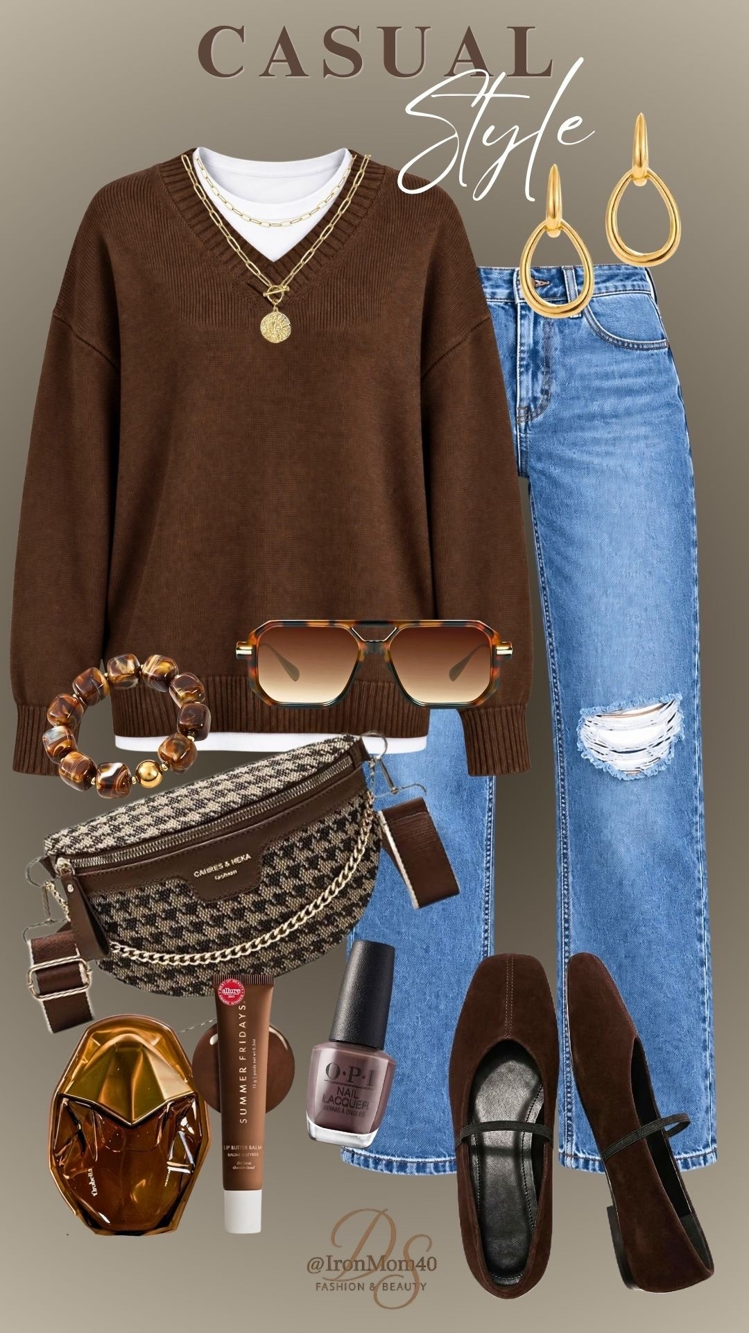 Casual Style outfit idea with brown sweater and jeans.