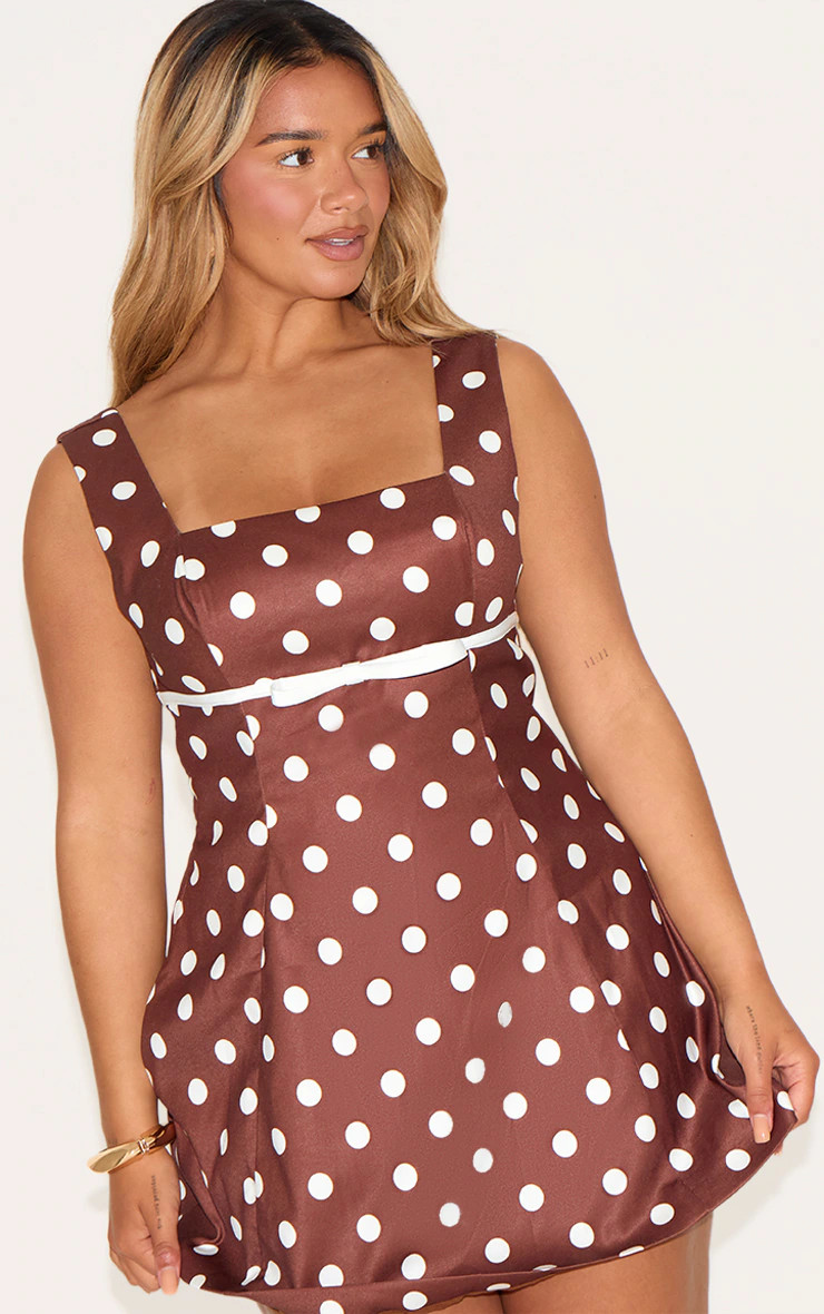 Shape Chocolate Polka Dot Square Neck Bow Detail A-line Mini Dress | PrettyLittleThing US