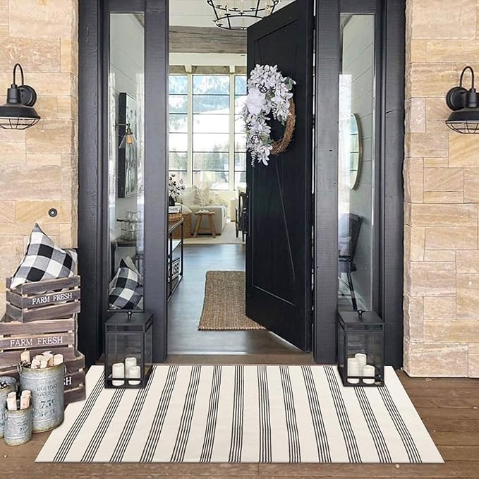 Ailsan Boho Stripe Rug 3' x 5' Farmhouse Cotton Hand Woven Throw Area Rugs Doormat Black Striped ... | Amazon (US)