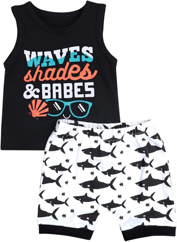 Baby Boy Clothes Waves Shades and Babes Print Summer Black Sleeveless Tops and Wave Short Pants O... | Amazon (US)