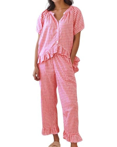codcm Womens Gingham Pajama Set 2 Piece Short Sleeve Babydoll Shirt and Pants Lounge Set Cute Sleepwear(Red,X-Small) | Amazon (US)