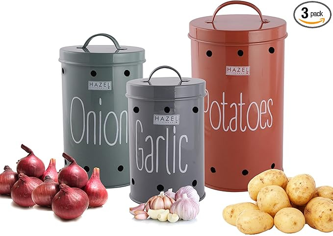 HAZEL Onion Potato Garlic Container | Galvanized Metal Canisters Set with Lids | Vegetable Storag... | Amazon (US)