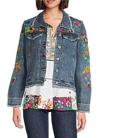 John Mark Floral-Embroidered Frayed Denim Jacket - M | Dillard's