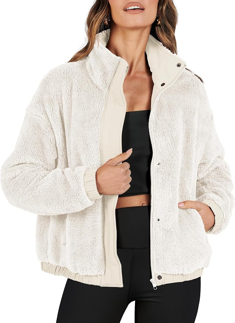 ANRABESS Womens Fleece Jacket Casual Long Sleeve Cropped Sherpa Button Down Fuzzy Warm Coats Fall... | Amazon (US)
