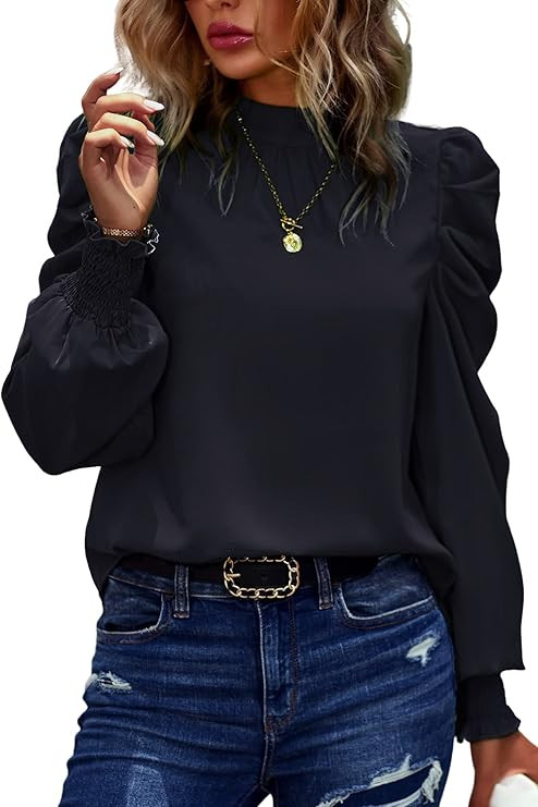 Angashion Womens Tops Casual Crewneck Long Lantern Sleeve Self Tie Blouses Solid Tunic Shirts 202... | Amazon (US)