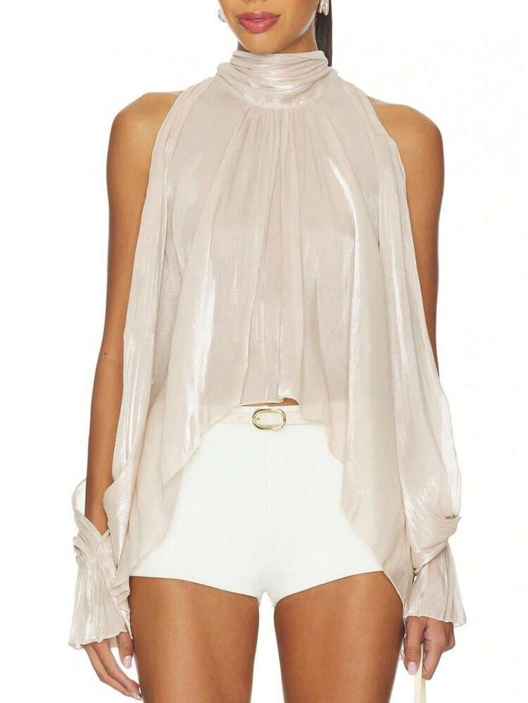 Women Halter Tank Tops High Neck Smocked Long Sleeve Ruched Sequined Blouse Shirt For Party Holid... | SHEIN
