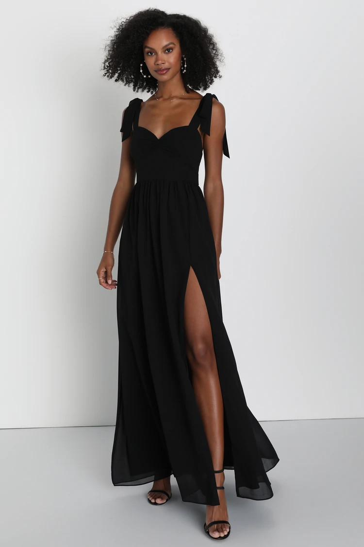Radiant Charisma Black Chiffon Ruched Tie-Strap Maxi Dress | Lulus