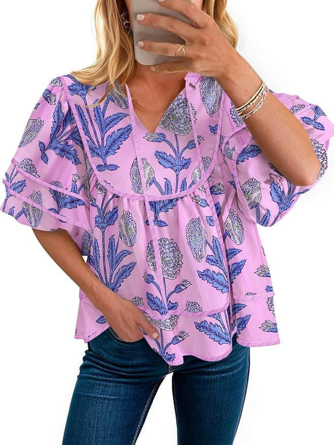 Cicy Bell Womens Summer Floral Babydoll Tops V Neck Short Lantern Sleeve Shirts Cute Loose Fit Fl... | Amazon (US)