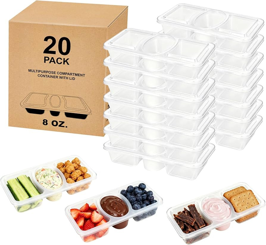 HI-REEKE 8 OZ New 3 Compartment Snack Containers, 20 Sets Bigger Reusable Clear Snack Packs Conta... | Amazon (US)