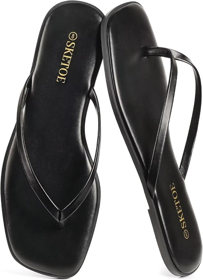 Flip Flops for Women Square Toe Flat Sandals for Women Comfortable Thong Sandals Leather Flip Flo... | Amazon (US)