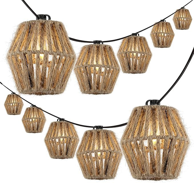 JONATHAN Y 10' 10-Light Brown Woven Hemp Rope Lantern String Lights, Mid-Century Classic Indoor/O... | Amazon (US)