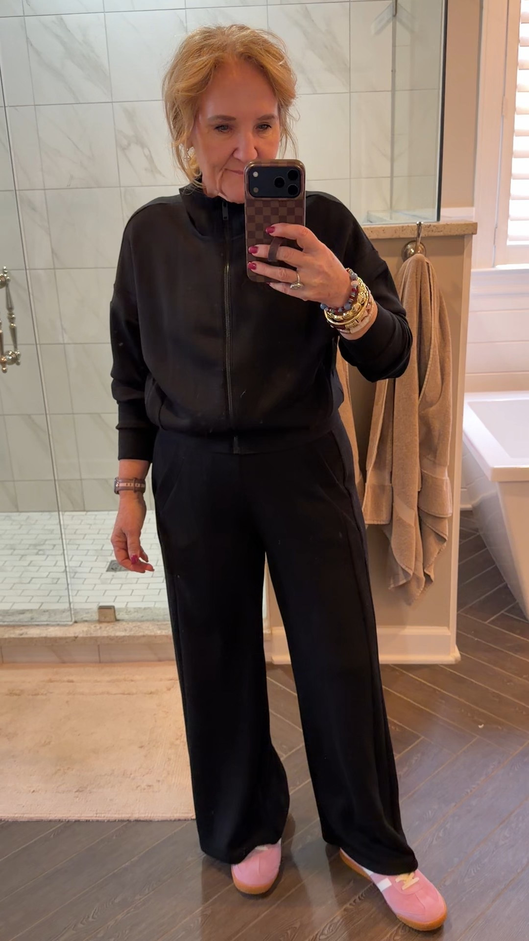 Spanx track jacket & pants get the set for 25% off with the buy more save more sale! 

Medium petite in bottom 
Medium in jacket 
Sneakers tts with socks 
Allie & Bess bracelet sale starts at midnight CST code HAPPY 40% off 

#LTKSaleAlert #LTKOver40 #LTKTravel