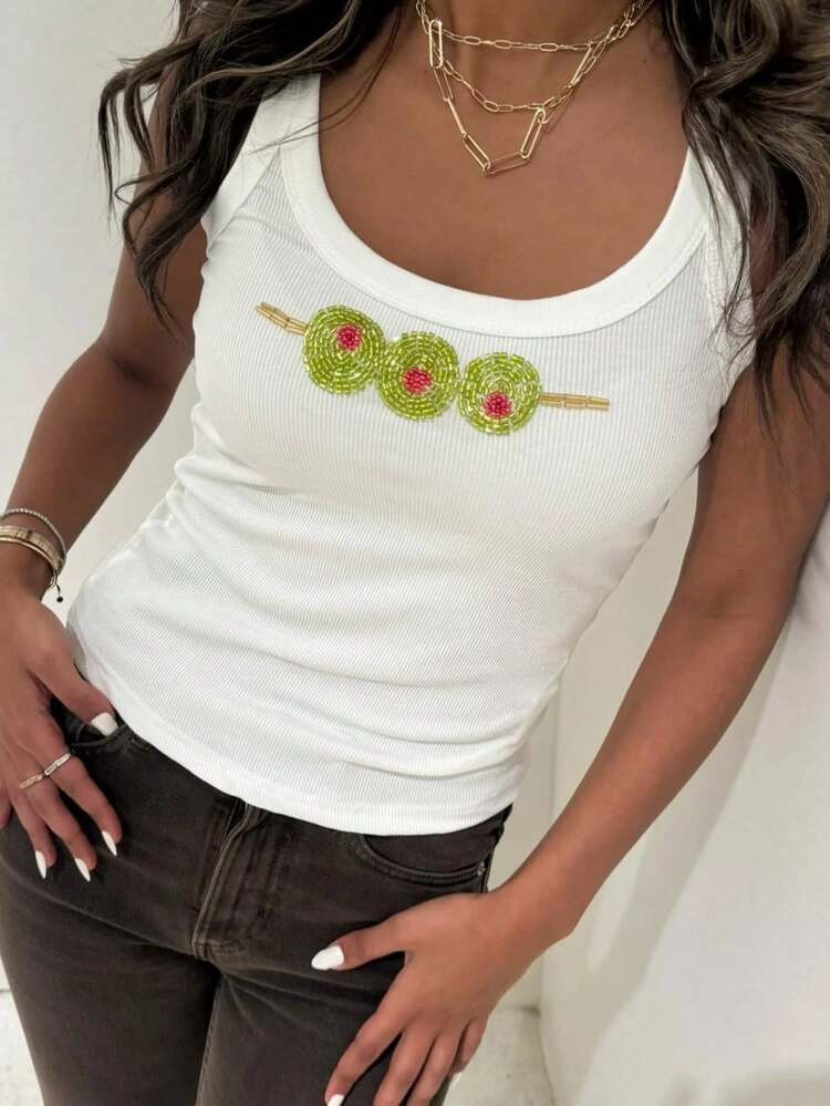 Women's Tank Tops, Beaded Pattern Tank, White U-Neck Sleeveless Slim Fit Basic Summer Vest For Everyday Street Wear | SHEIN