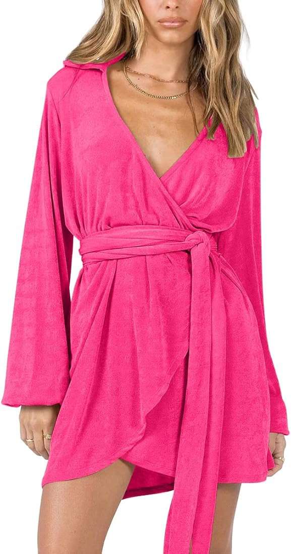 LILLUSORY Womens Fall Wrap Cocktail Dress Long Sleeve Deep V Neck Tie Waist Evening Dresses Pink ... | Amazon (US)