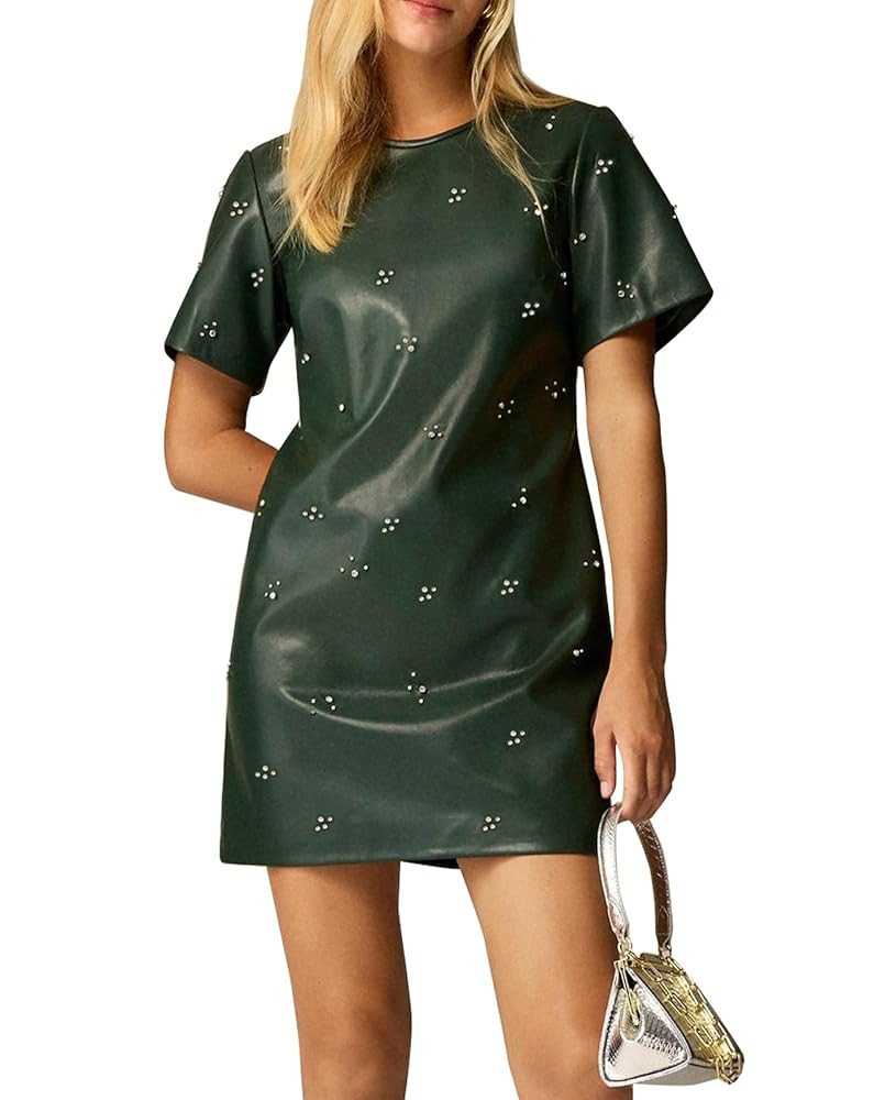 LifeShe Rhinestone Faux Leather Dress for Women Casual Short Sleeve Crew Neck Elegant A-line Mini... | Amazon (US)