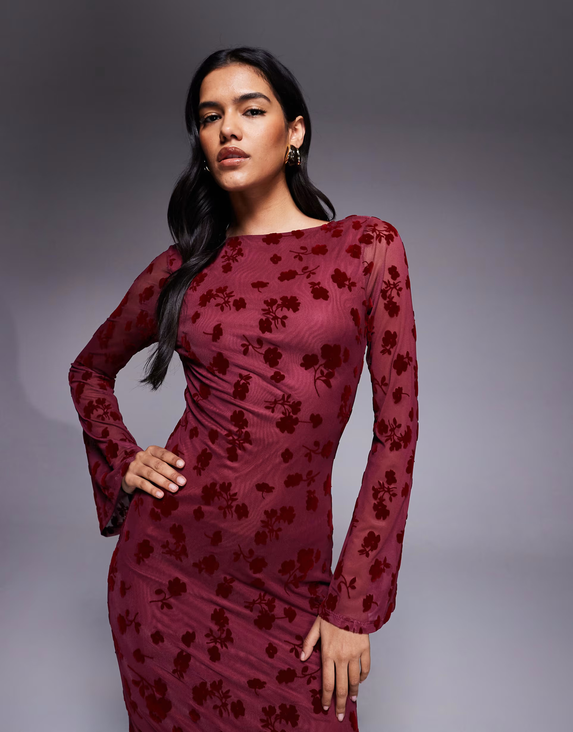ASOS DESIGN floral flock maxi dress with flute sleeve detail in burgundy | ASOS (Global)