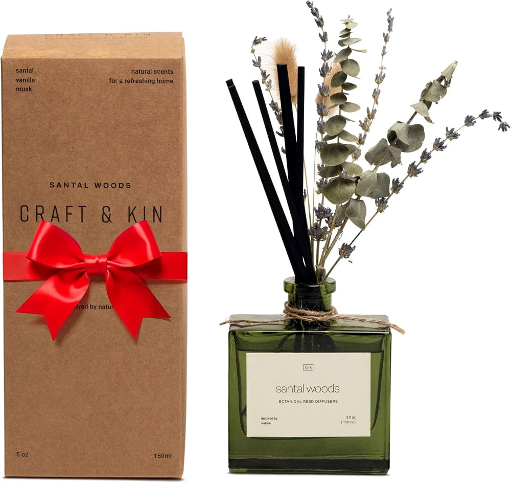 Craft & Kin Fall Reed Diffuser Set with Dried Flowers, 5 oz Santal Woods Scented Reed Diffuser wi... | Amazon (US)