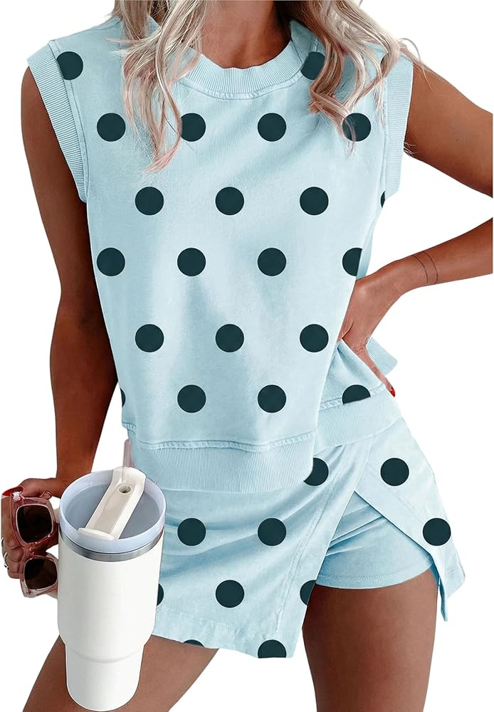 SELINK Womens Polka Dot 2 Piece Outfits Summer Lounge Set Tank Split Mini Skort Workout Sets | Amazon (US)