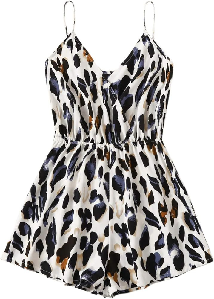 Women's Leopard Print Wrap Spaghetti Strap Romper Cami Jumpsuit | Amazon (US)