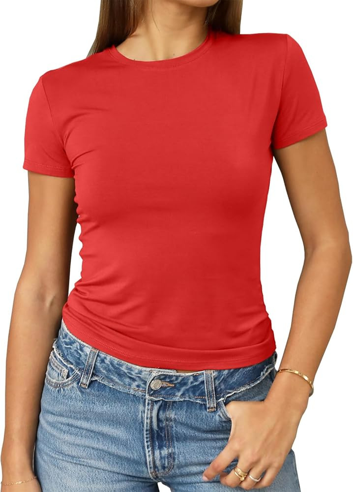 Abardsion Women's Casual Basic Going Out Crop Tops Slim Fit Short Sleeve Crew Neck Tight T Shirts... | Amazon (US)