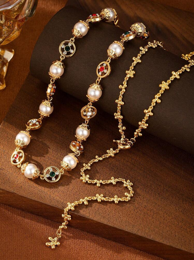 1pc Women's High-End European & American Fashion Y-Shaped Petal Splice Beaded Long Necklace, Luxurious And Elegant, Can Be Worn Stacked Or Individually | SHEIN