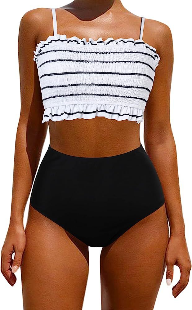 OMKAGI Women's Bandeau Bikini Sets Cute Shirred Swimsuit High Waisted Bathing Suit | Amazon (US)