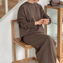 2pcs Women's Solid Color Dropped Shoulder Long Sleeve Sweater And Side Slit Knitted Midi Skirt Set, Autumn/Winter | SHEIN