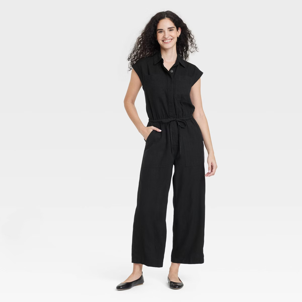 Women's Linen Jumpsuit - Universal Thread™ Black 14: Sleeveless, Collared, Elastic Waist, Pocke... | Target