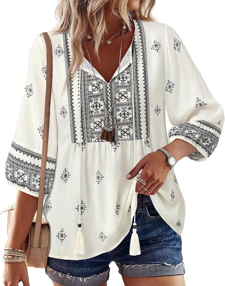 Vivilli Womens Summer Boho Babydoll Tops 3/4 Sleeve Pleated Peplum Blouses Casual V Neck Tie Fron... | Amazon (US)