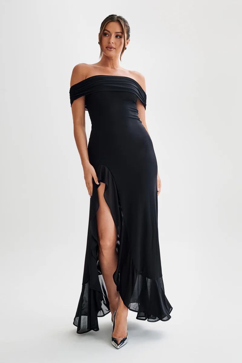 Audrey Off Shoulder Mesh Maxi Dress - Black | MESHKI US