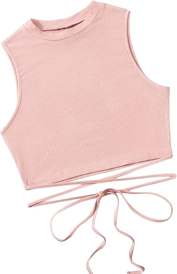 SheIn Women's Crisscross Tie Back Crop Top Sleeveless Round Neck Tank Tops | Amazon (US)
