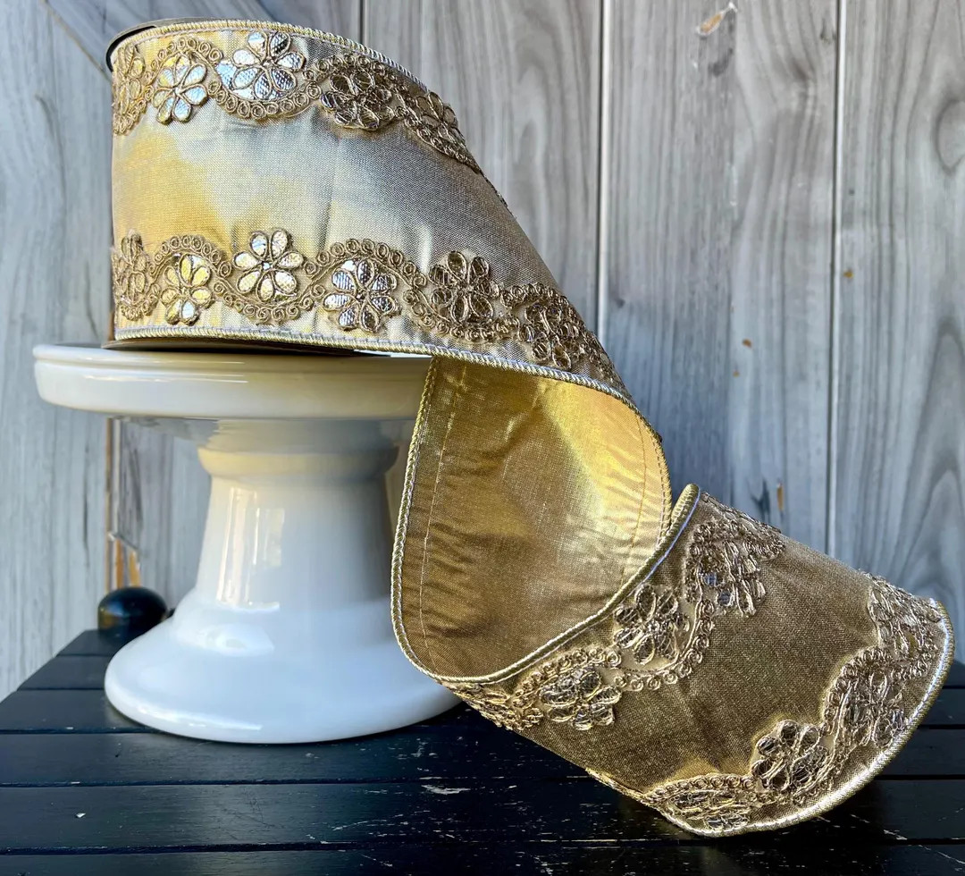 D Stevens, 5 Yards, 4 Inch Wired Ribbon, Floral Trim Ribbon, Platinum Ribbon, Gold Ribbon, Holida... | Etsy (US)