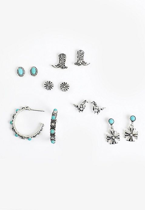 6 Pack Silver And Turquoise Earring Set | Maurices