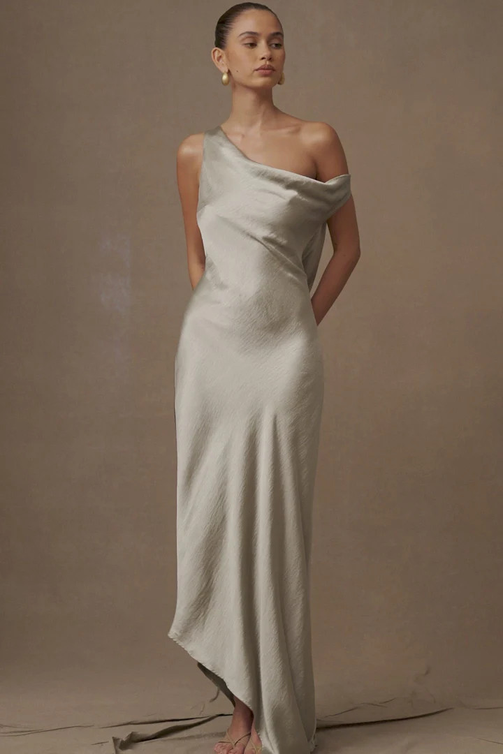 Slip Maxi Dress With Asymmetrical Hem - Sage | MESHKI US