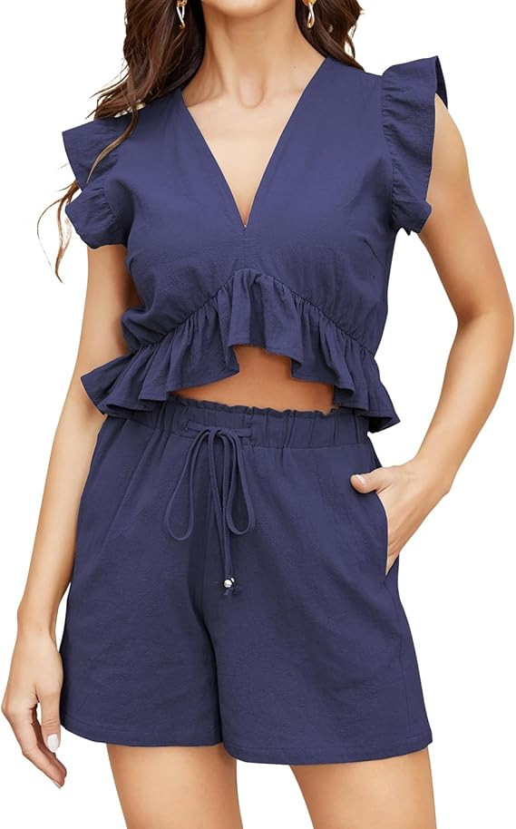 FANCYINN Womens Two Pieces Vacation Outfits Deep V Neck Ruffles Crop Top Drawstring Shorts Set | Amazon (US)
