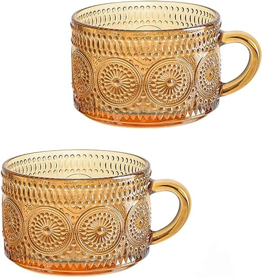 Amzcku Vintage Glass Coffee Mugs,Tea Cup 14 Oz Set of 2 Embossed Glassware with Handle, for Cappu... | Amazon (US)