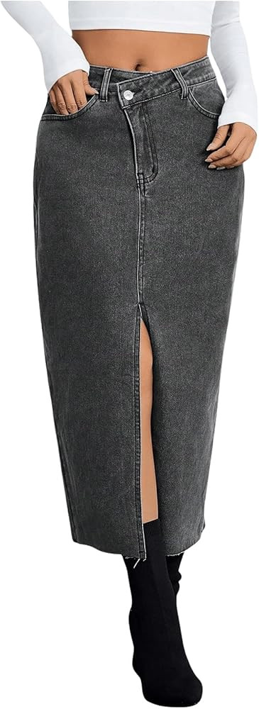 SweatyRocks Women's Casual High Waist Denim Skirt Split Hem Raw Trim Midi Jean Skirts | Amazon (US)