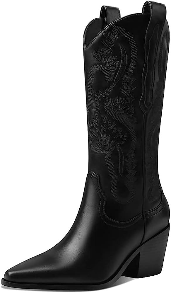 Lovee Cosee Mid Calf Cowgirl Boots for Women Chunky Stacked Heel Pointed Toe Embroidered Cowboy B... | Amazon (US)