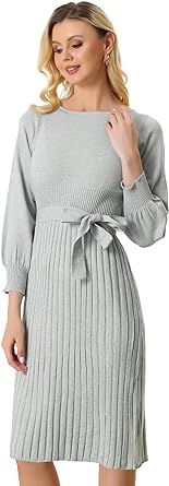 Allegra K Women's Knit Belted Dress Casual Pleated Sweater Dresses | Amazon (US)
