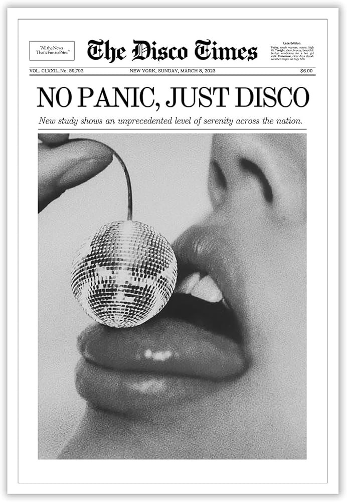 Generic No Panic Just Disco Poster Black And White Newspaper Wall Art Trendy Cherry Disco Ball He... | Amazon (US)