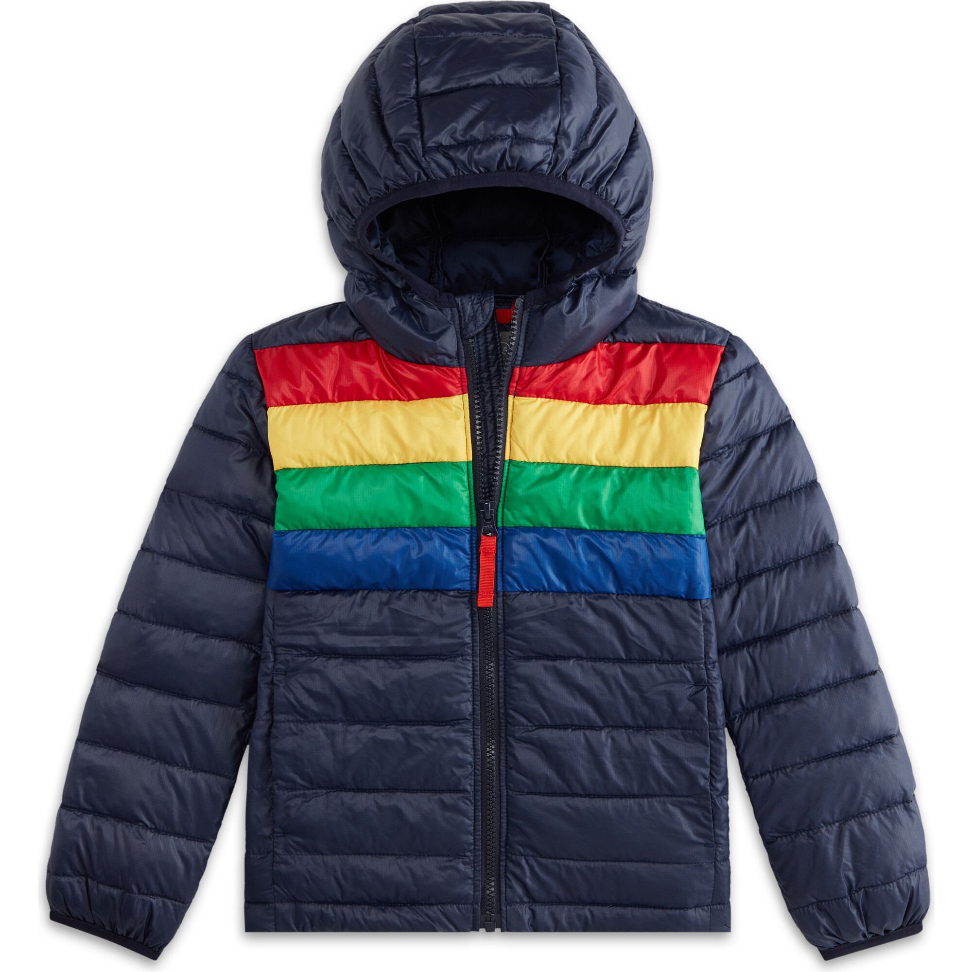Kids Puffer Jacket In Rainbow Stripe, Navy Bold Rainbow | Maisonette