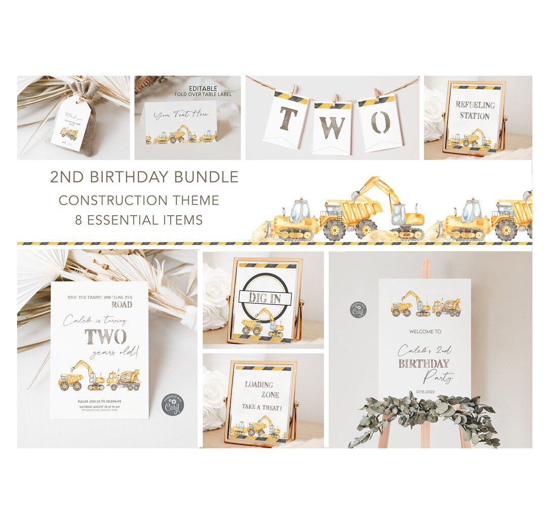 Editable Construction Theme Birthday Party Bundle, Digger 2nd Birthday Party, Yellow Trucks Print... | Etsy (US)