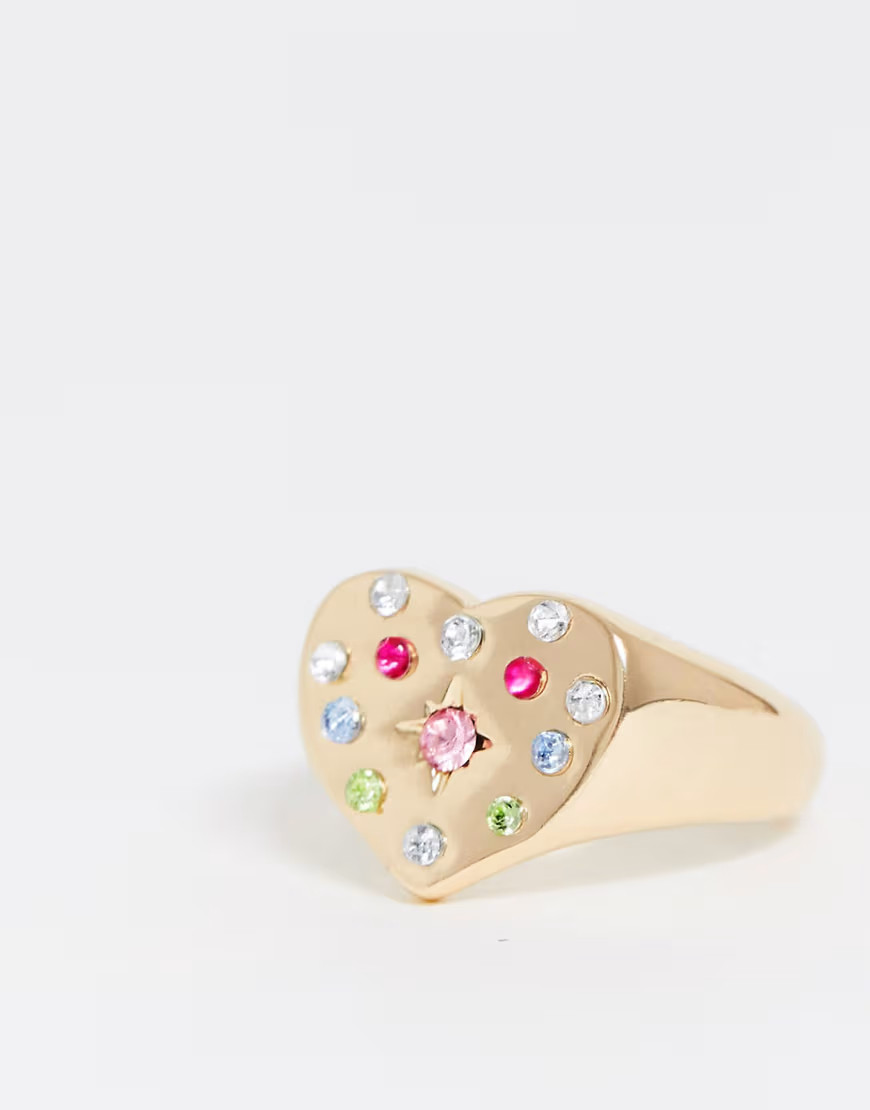 ASOS DESIGN chunky heart ring with multicoloured stones in gold tone | ASOS (Global)