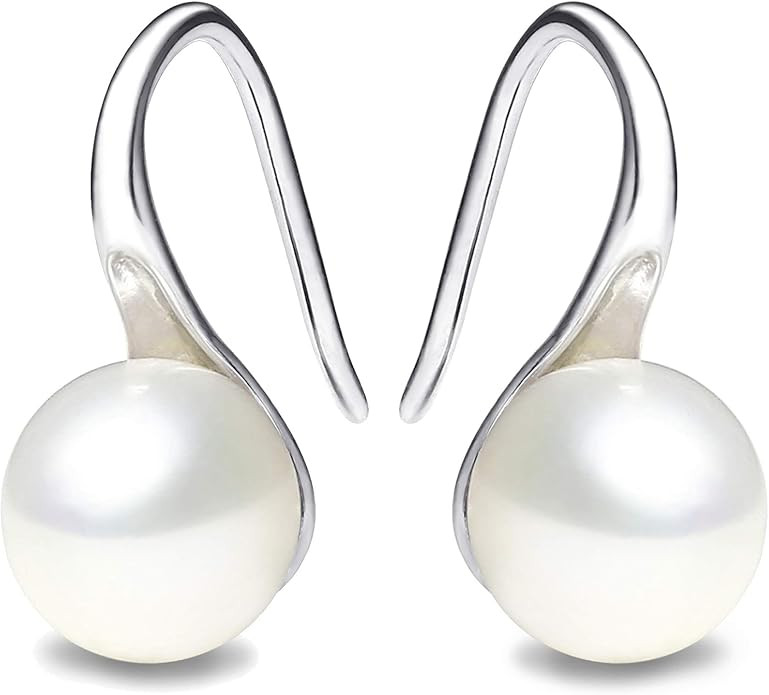 925 Sterling Silver Hoop Handpicked AAA+ Quality 7.5-8mm White Freshwater Cultured Pearl Dangle D... | Amazon (US)