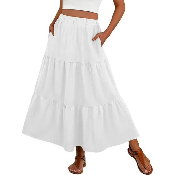 JWD Summer Maxi Skirt for Women Boho Lightweight Flowy Tiered Long Beach Skirts with Pockets Whit... | Walmart (US)
