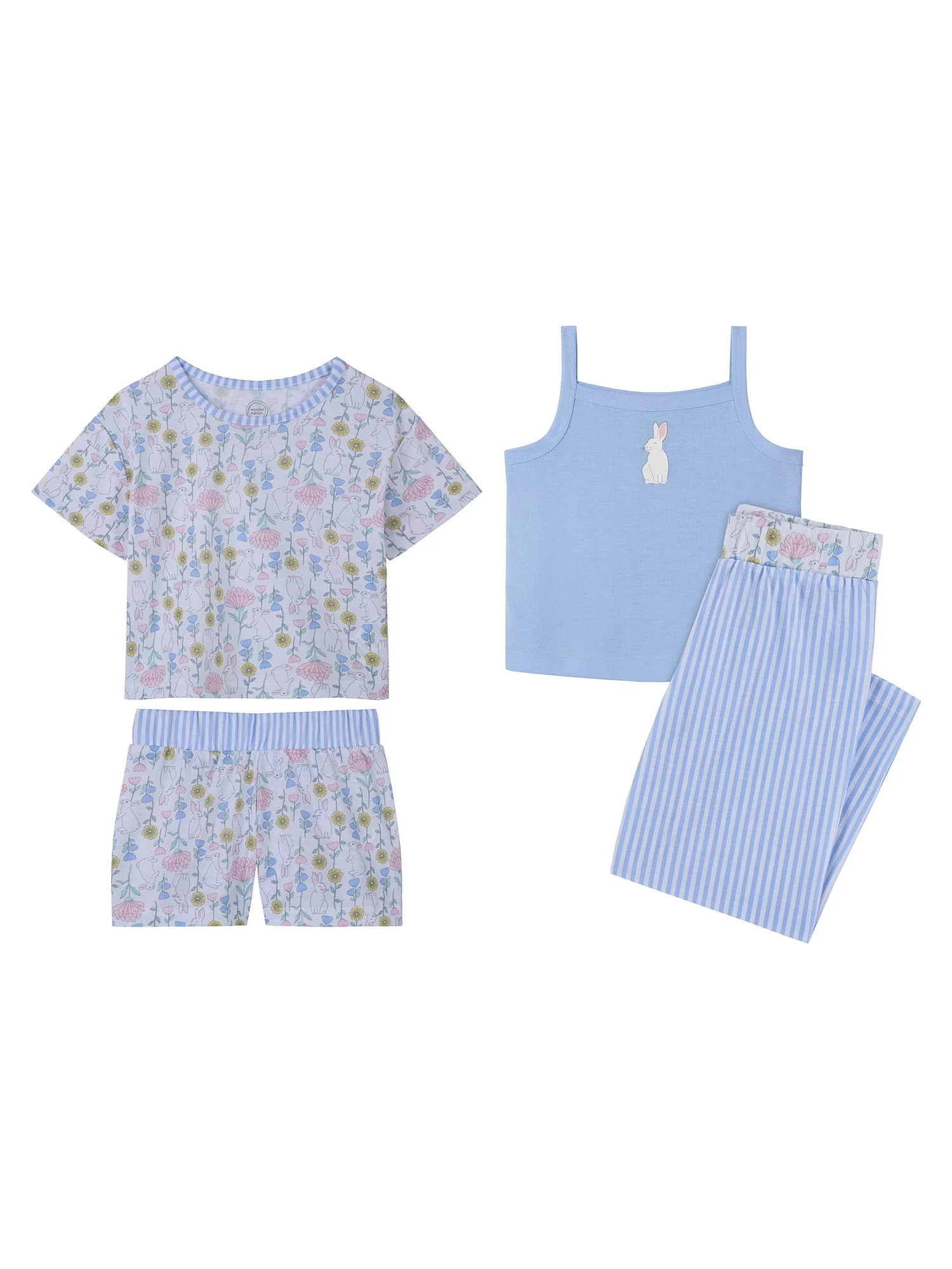 Wonder Nation Girls Tank, Short Sleeve Top, Sleep Shorts and Sleep Pant Pajama Set, 4-Piece, Size... | Walmart (US)