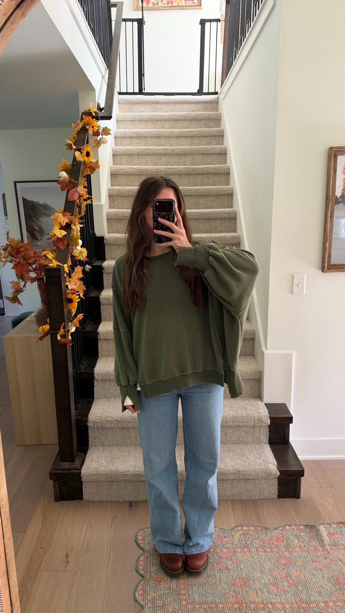 wearing a small in sweatshirt, one of my favorites I’ve had for years, few colors in stock! Jeans are tts and Mary Jane’s! Also really like this outfit with Asics! 

Fall outfit